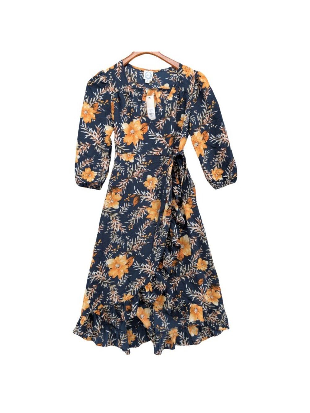 Francescas Blue Rain Midi Wrap Dress Navy Gold Floral Half Sleeve Size S
